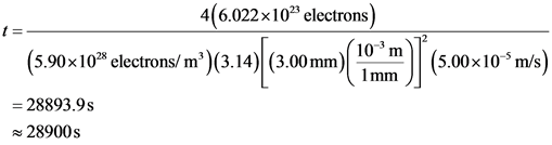 4(6.022x10” electrons)
10-
(5.90x102% electrons/m)(3.14)
nm 1
10-9 m/s)
1 mm
= 28893.9s
28900s