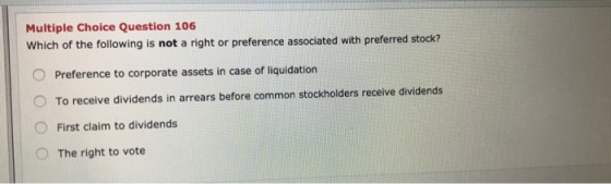 Multiple Choice Question 106 Which of the following is not a right or preference associated with preferred stock? O Preferenc