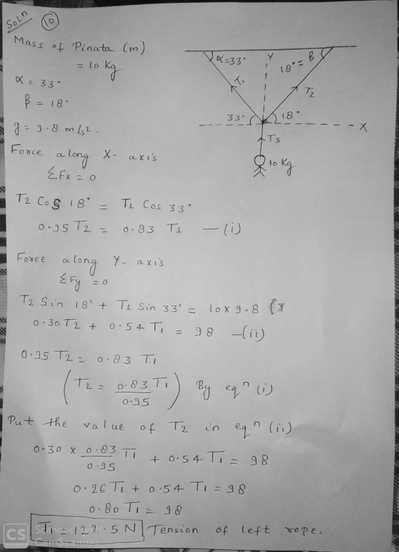 Mass of Pinata (m) Soln x=33 Y 10 kg 12 - a = 33 To Tz ß = 18 33. 18 -X T3 ge = 9.8 m/s2. Force X- axis a long {Ex=0 Q10 kg