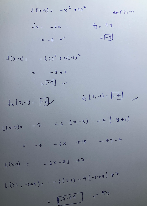 f (n.) = -x2+292 at (3,-1) fx= - 2x ty = 44 = -6 =f4 f(3,-1) = – (3) 2+26-182 - 9 +2 -7 4 to 13,-1)= For ( 2, -1): - 4 (4+1)