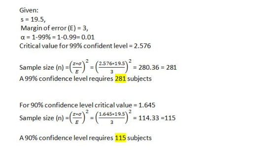 Given: s 19.5, Margin of error (E) 3, a 1-99% 1-0.99= 0.01 Critical value for 99% confident level 2.576 2 2 2.576 19.5 Sample