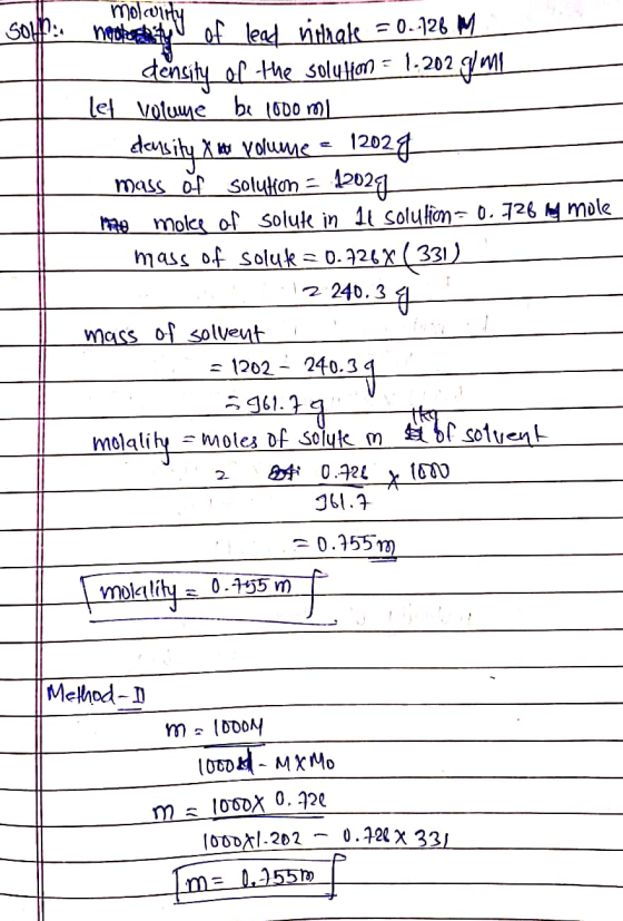 moloirty heoterdyU e = 0-126 M density of the solu Han = 1.202 g/ml let volume be l000 m. SOHP:. of lead vithale dansity X mo