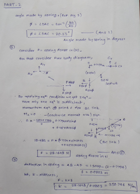 PART-2 angle made by spring , (ReF. ig) 1 BD (Ans 1) Angle made by serinq in degree consider p= spring force in(N)- for that