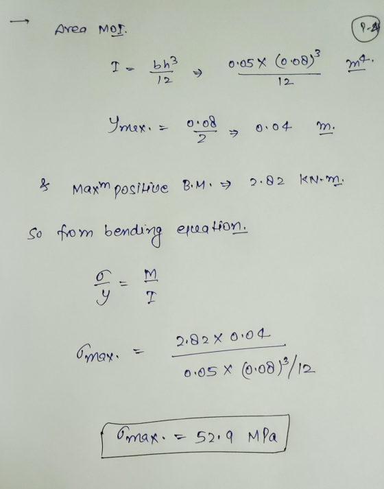 Area MOI. I. bh3 0.05 % (0.00) 12 12 mexia o od 2 0.04 mi % B.M. 2.82 KNom. Махт positive so from bending ecreation. 11 G1s E