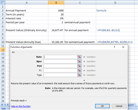 А D formula 2 Annual Payment 3 Term (In years) 4 Interest rate 5 Period per year 1000 20 3% 2 semiannual payment 6 14,877.47