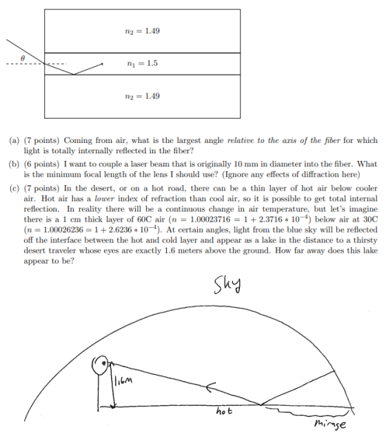 12 = 1.49 ni = 1.5 n2 = 1.49 (a) (7 points) Coming from air, what is the largest angle relative to the aris of the fiber for