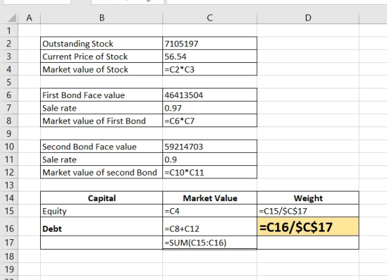 B C D Outstanding Stock Current Price of Stock Market value of Stock 7105197 56.54 =C2*C3 First Bond Face value Sale rate Mar
