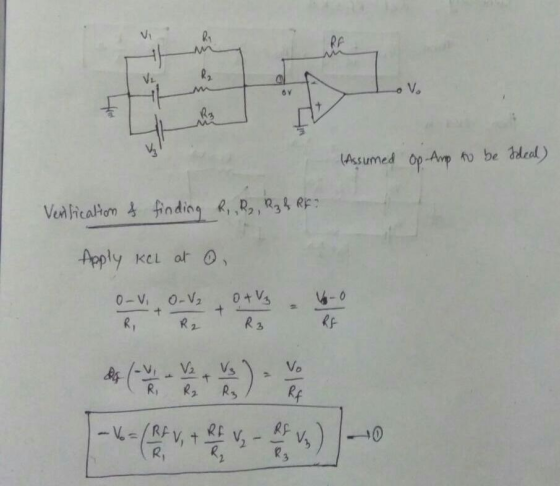 Vi RA o Vo (Asumed op-Avp Ao be deal) Ven icatomfinding R, R, ep KCL at 0 Apply 0-Vi O-V2 + R2 Vo R2 Rf --RV,tEv ) RE 0 R3