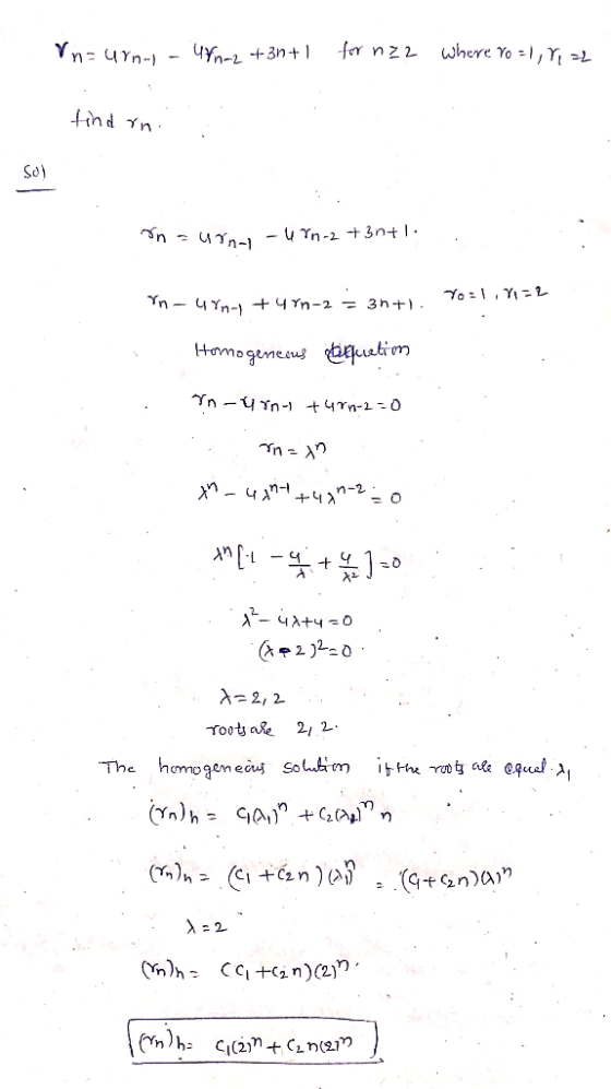 Vn=urn - Urn-2 +3n+ 1 for nz2 where ro=1, 7=2 find on. 0 on a urna urn-2 +3ntl. In - 4 Yn) + 4 Yn-2 = 3n+. Yo:1,712 . Homogen