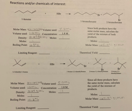 Reactions and/or chemicals of interest: HBr Rr+ 1-hexene 1-bromohexane Br 2-bromohexane Molar Mass: .llolmo Volume used: S. V