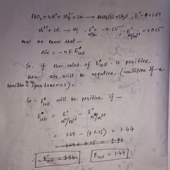 Pbs0y )+2HD, E=O+1.69 Sirayz Nit 2e E 025 Ni :E tD25 Ni/NH7 No W kuow that we -nFE So, if the value of Elellis posi tive a tw