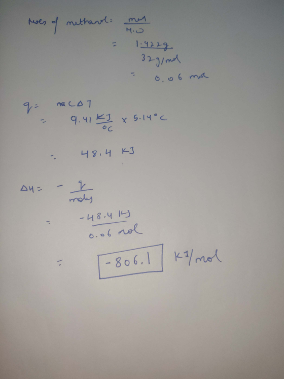 moes of methanol = mes M.O 1.4229 32g/mol - 0.06 mol q = MCAT - 9.41 kJ x 5.14°C OC - 48.4 kJ An= - : -48.414 0.06 mol - 806.