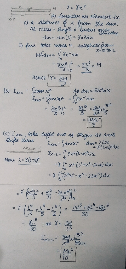 (a) lonsideu an element dx 2 3ML take uigut end a oaigiu as axis shifts thee 3 5 2 30 L3 52 30o X-レ ML 10