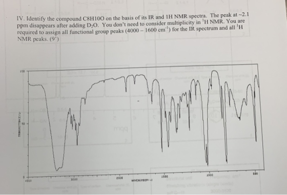 IV.Identify the compound C8H100 on the basis of its IR and 1H NMR spectra. The peak at -2.1 Ppm disappears after adding D O.