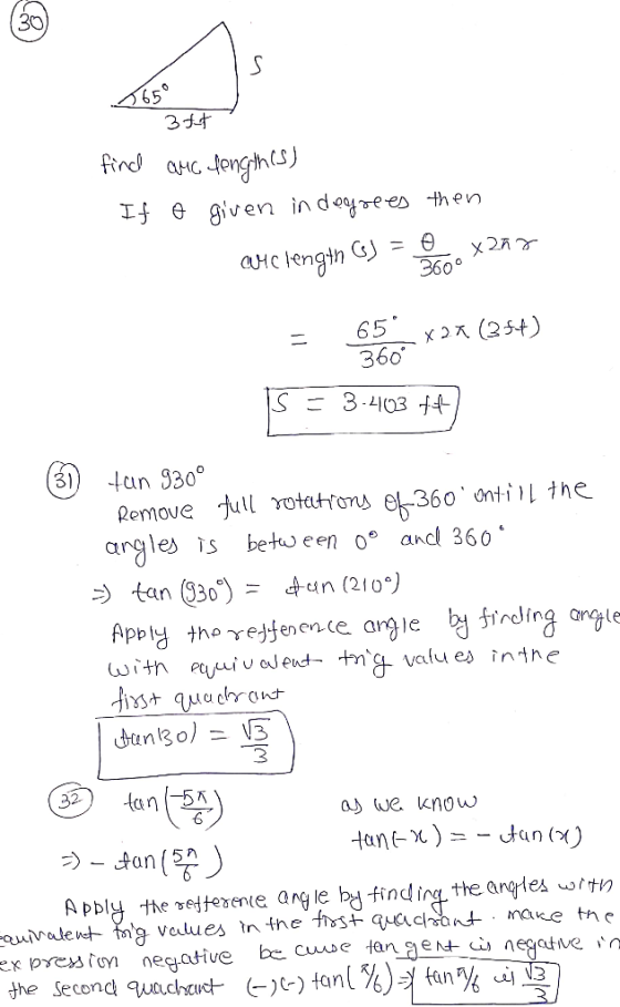 Is 1650 344 find arc lengthis) If o given in degrees then cumclength G) = 2 X277 65° 360 .x2a (3 ft) 15 = 3.403 ++) (31) tan