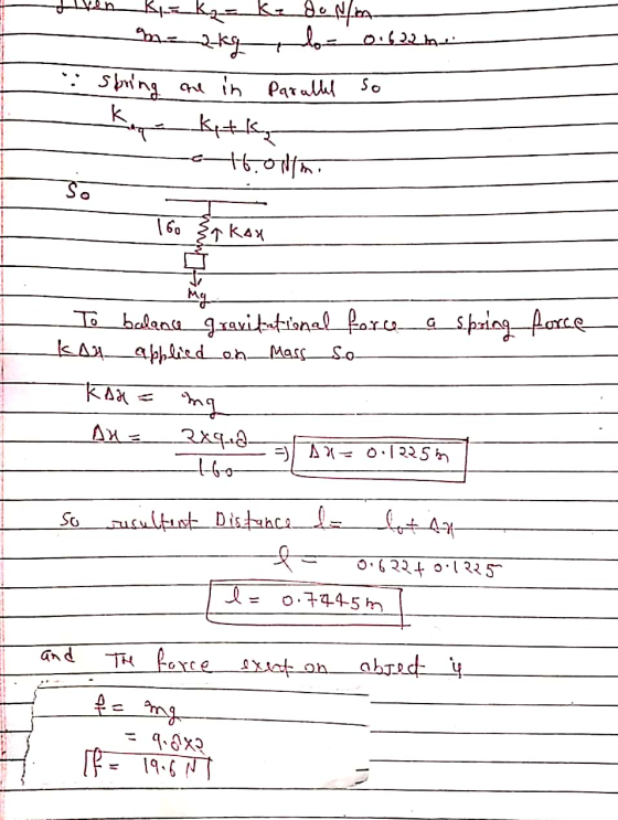 thanky=kze keder -99m2kg 2 Sbring are in parallel от ky+ Is - - at.ortimi 0.622 bar so Erkan -To balance gravitational force_