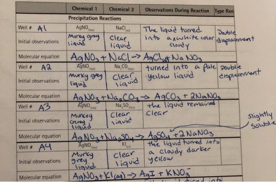 Well # Al Initial observations Molecular equation Well # A2 Chemical 1 Chemical 2 Observations During Reaction Type Rxn Preci