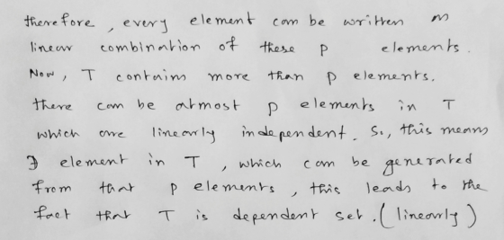therefore, every element can be written an linear combination of these l elements Now, I contain more than p elements, there