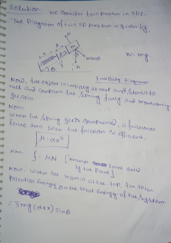 Now. When the mass is at the top, the total solution: we consider this problem in 3D:- The Diagram of this 3D problem in give
