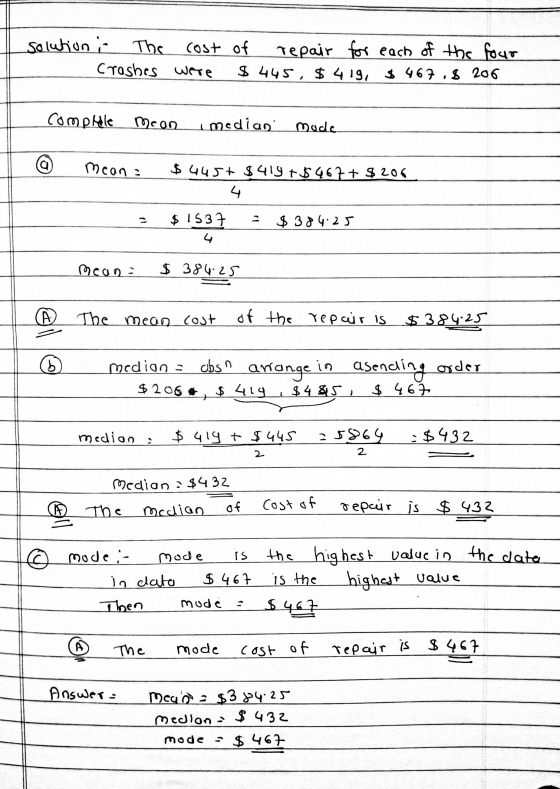 solution i The cost - crashes were of repair for each of the four $ 445, $ 419, $467 .8 206 complele mean median muda 6 mean