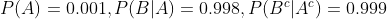 P(A) = 0.001, P(B|A) = 0.998,P(B^c|A^c) = 0.999