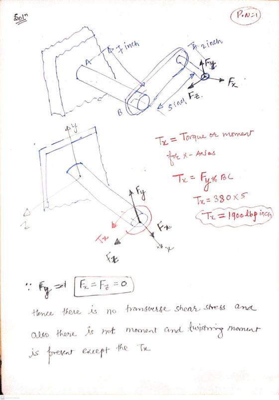 Solt PON=1 to finch To rinch Fy F sing Fz. ФУ Tx= Torque or moment for X- Anias Tx= FuxBC Fyx BC Fy The = 380x5 (Tx = 1900 lb