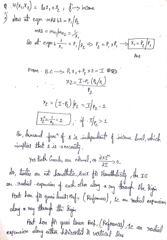 0 4(x,x) = lnt, tų ( income Now at eg MRs 62 = Pile2 - MRS = Mu, Muz=% So at equt x = P, / P2 => Pq = P, XP, | X= P/P) . Ang
