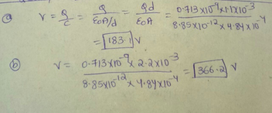 ad r=ge - Epla EOA 0.713 x109x11x103 8.85X10-12X4.84 X30 -Y =( 183 )v V= 0.713 x 10 & 2-2x103 8.85x10 XY. 84x16 - 3662) v -12