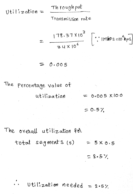 Through put Utilization = Transmission rate 178.37x103 [: ! IMbps =lobps 6 34 X10 = 0.005 The percentage value of utilization