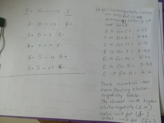 (EN) Electronegativity values are helpful in text determining polarity of bad bund. SECOS So-cl S+ Stof S- st cons- s-S-H St