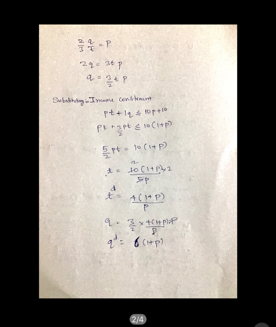 2 2 2 2 2 =P 29= 3t p q= ЗЕР Substituting in Income constraint Pt+lq < 10 p +10 3pt 10C1+p) pt tapt 5 pt = 10(1+p) 2 t = to C