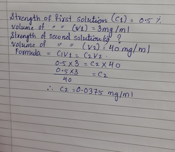 trenyth of Pirst Solution (C)- osi (1) trength of second salution UV2) CIV1- C2V2 0.5x3 0.5X3 Iml volume of Cvs) Ho mglm Volu