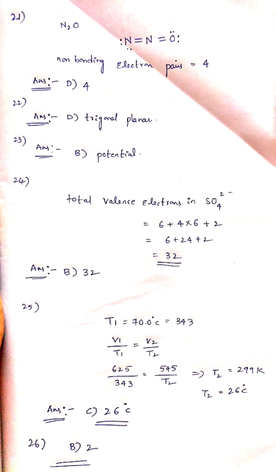 N₂0 :N= N = 5: non bonding Electron paus = 4 - Aus: - D) 4 Ans: - D) trigoval plana Amy - ®) potential. total valence Electro