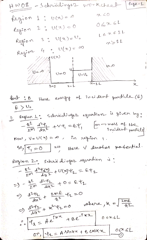 I Page 1 a Lo Hw or -3 chrödinger worksheet Region 1 : u(x) = 0 Region 2 : u(a)=0 ocast Region 3 : 012-4. Region 4 : U(a)=0 L