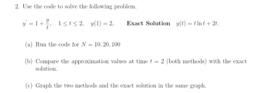 2. Use the code to solve the following problem. y = 1+ 15t52. y(1) = 2, Exact Solution y(t) = ?Int + 21. (a) Run the code for