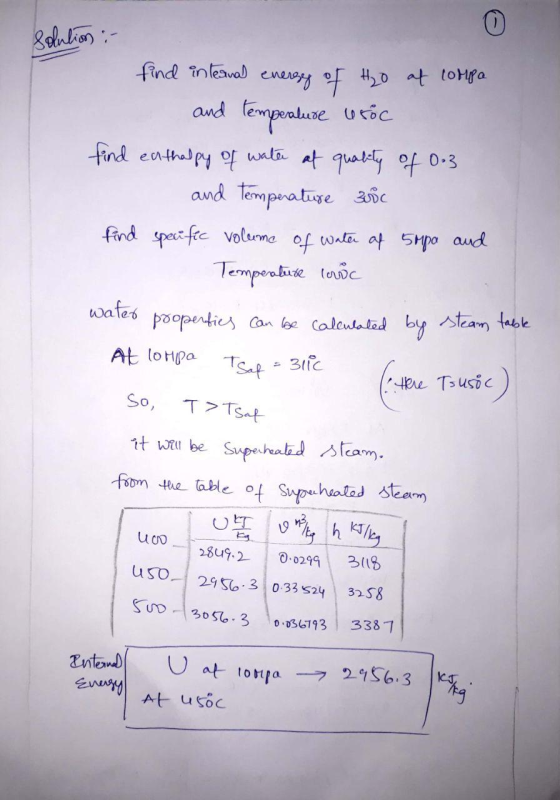 solution :- find internal energy of H₂0 at compa and temperature usic find eathalpy of water at quality of 0.3 and temperatur