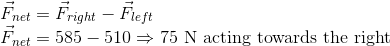 \\ \vec{F}_{net}=\vec{F}_{right}-\vec{F}_{left} \\ \vec{F}_{net}=585-510\Rightarrow 75 \ \text{N} \ \text{acting towards the right}