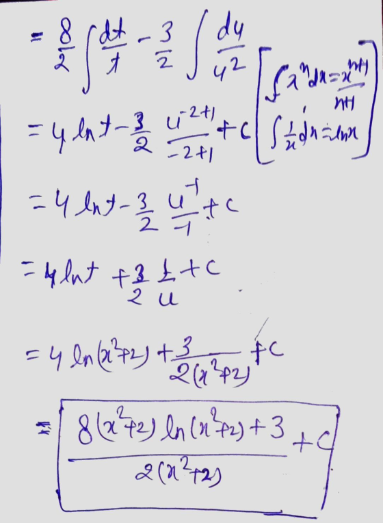 du 8 rdt - 3 t Landau nu = 4 la 4-3 u24 2-241 tel s hodnine =4 lnt-3 ul lite = 4 lut fatto 2 u = 4 ln (2²2) +3 #с 2 (x²42) al