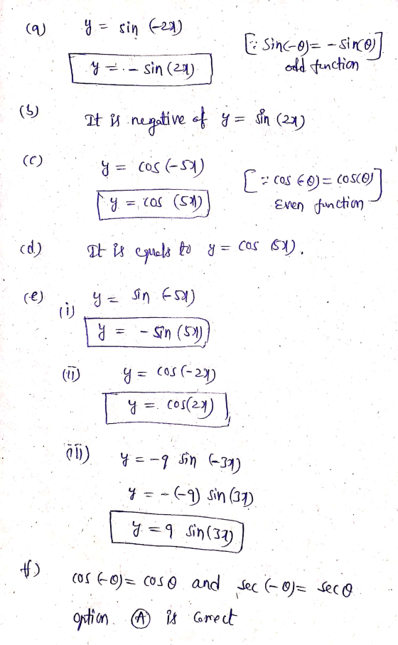 (9) y = sin (-21) Eisinc-o)= -sino) old function y = sin (291) (3) It is negative of y = sin (20) (0) y = cos(-50 [= cos 60)