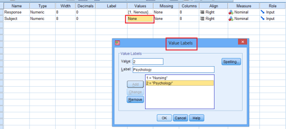 Width Decimals Label Columns Name Response Subject Type Numeric Numeric Values Missing {1, Nervous)... None None None Align R