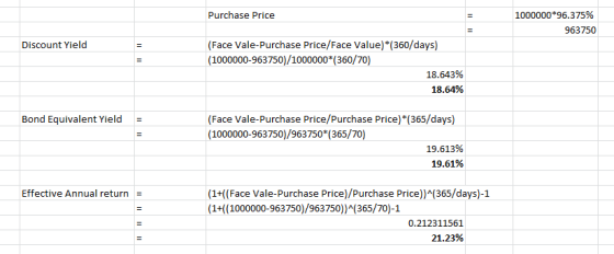 Purchase Price 1000000*96.375% 963750 Discount Yield (Face Vale-Purchase Price/Face Value)*(360/days) (1000000-963750)/100000