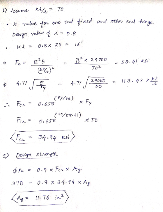 . 17 Assume Kl/= TO k value for one end fixed and other end hinge. Design of k=0.8 16! value Kl = 0.8 * 20 = * Fe = 1² x 2900