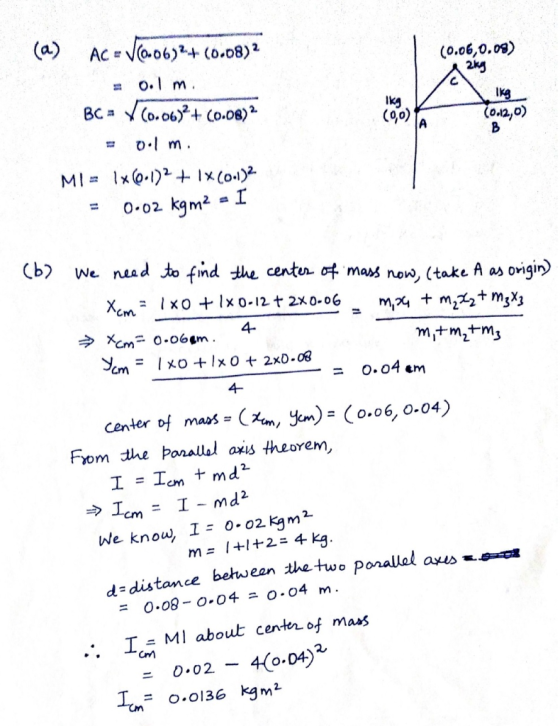 (a) Va06)2+ (o.08) AC = (0.06,0.09) 2g O.I m C Ikg BC Y(o.06)2+ Co.08) Ikg (90) 2. Cos,o) B A MI 0.02 kgm We nead to find the