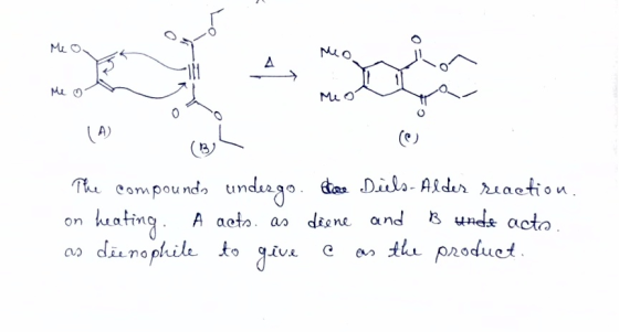 Mа о. о Me ol The compounds undergo. Etice Diels-Alder seaetion. on heating. A acts as diene and B unde acto. as dienophile t