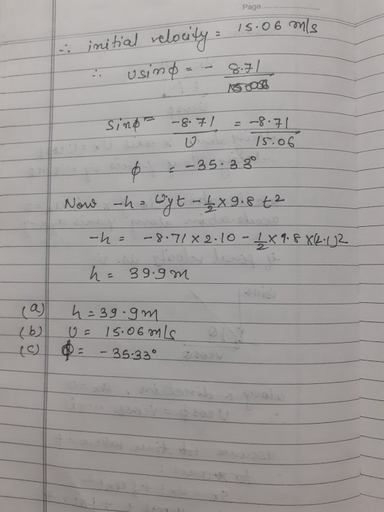 Page.. 15.06 mls initial relocity usim = 8.71 sinor -8.71 = -8.71 15.06 -35.380 Now who byt - 1 x 9.8 t2 -h= -8.71 X 2.10 - 1