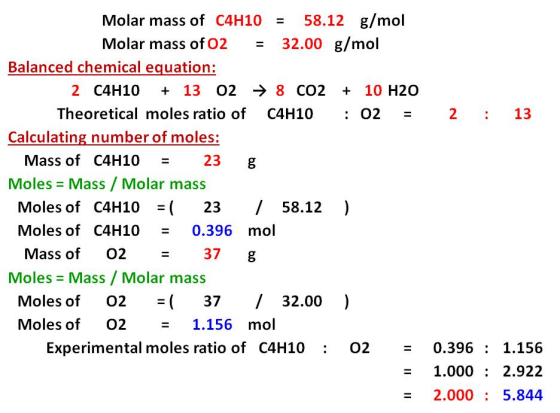 58.12 g/mol Molar mass of C4H10 32.00 g/mol Molar mass of O2 Balanced chemical equation: 10 H20 13 O2 8 CO2 2 C4H10 Theoretic