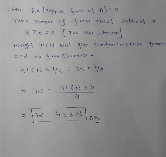 B briven, RA (support force at A) = 0. Take Tosarue of forces about support E ZB = 0 [For equilibriumf Weight 916N will give