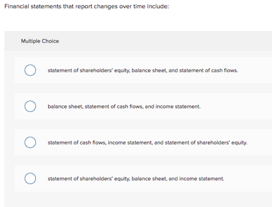 Financial statements that report changes over time include: Multiple Choice statement of shareholders equity, balance sheet,
