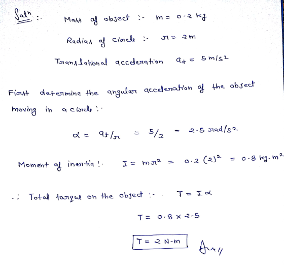 Mall of object :- me 0.2 kg Radics of circle i rzam Translational acceleration a4= 5 m/s2 angular of acceleration Font the ob