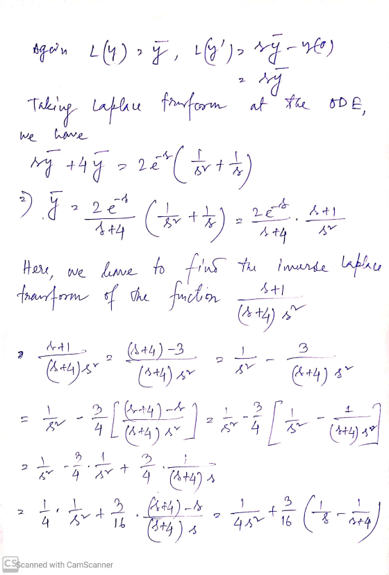 we have 1 2er &al f+4 $74 Agin L(Y) = j, LY); sy ufo) Taking Laplane frerform at the ODE, y t4y = 28% ( fr + ²) 9.52 (to #